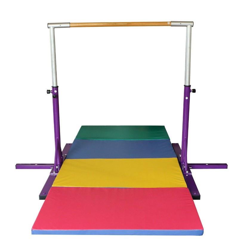 Purple Adjustable Horizontal Bar Gymnastics Training Sports Equipment W/Gym Mat 